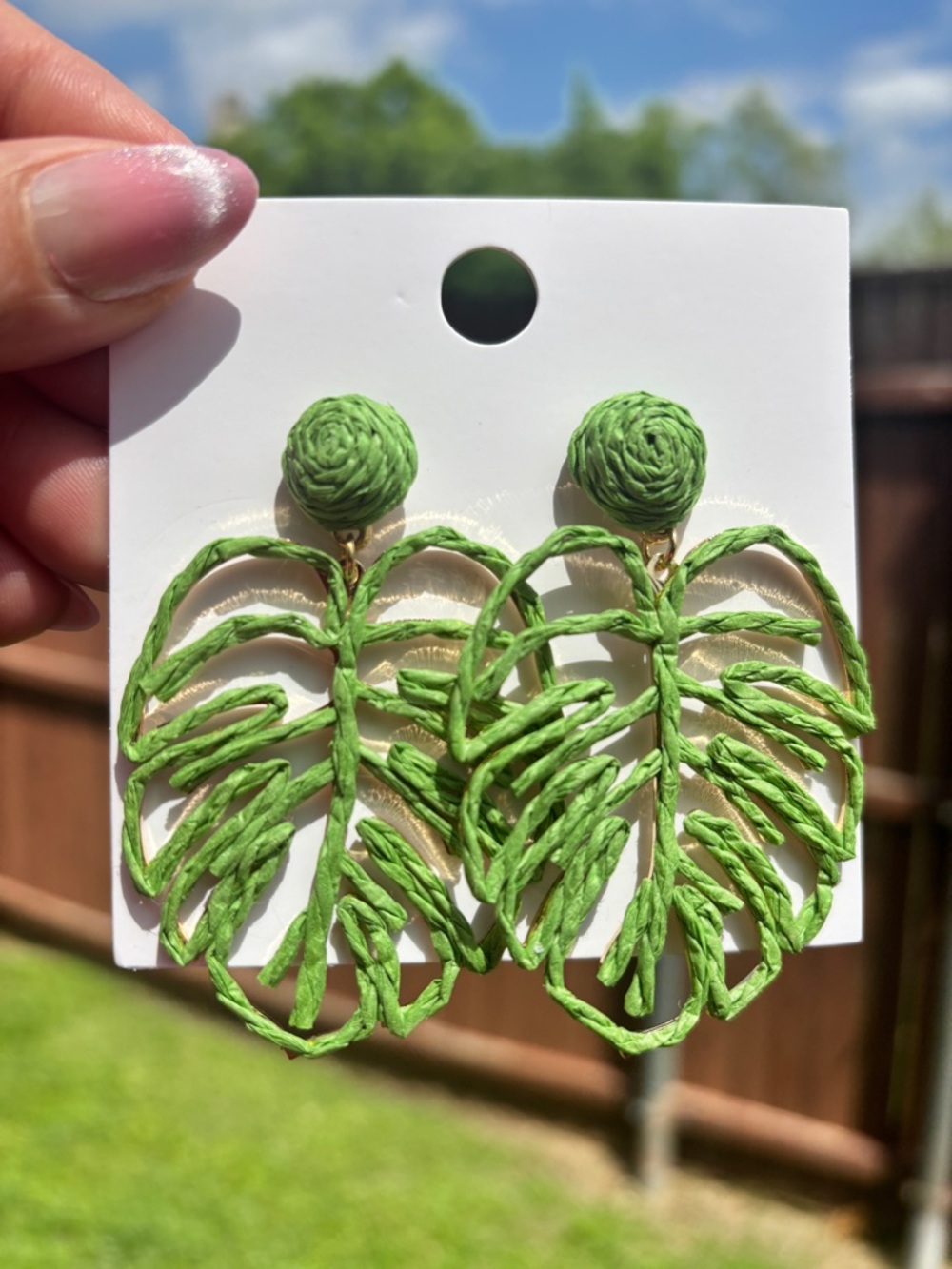 Green Raffia Monstera Leaf Statement Earrings